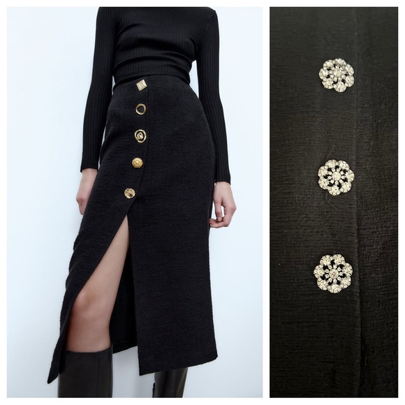NWT. Zara Black Textured High-Waisted Midi Skirt with Jeweled Buttons Size XXL. - Picture 6 of 13